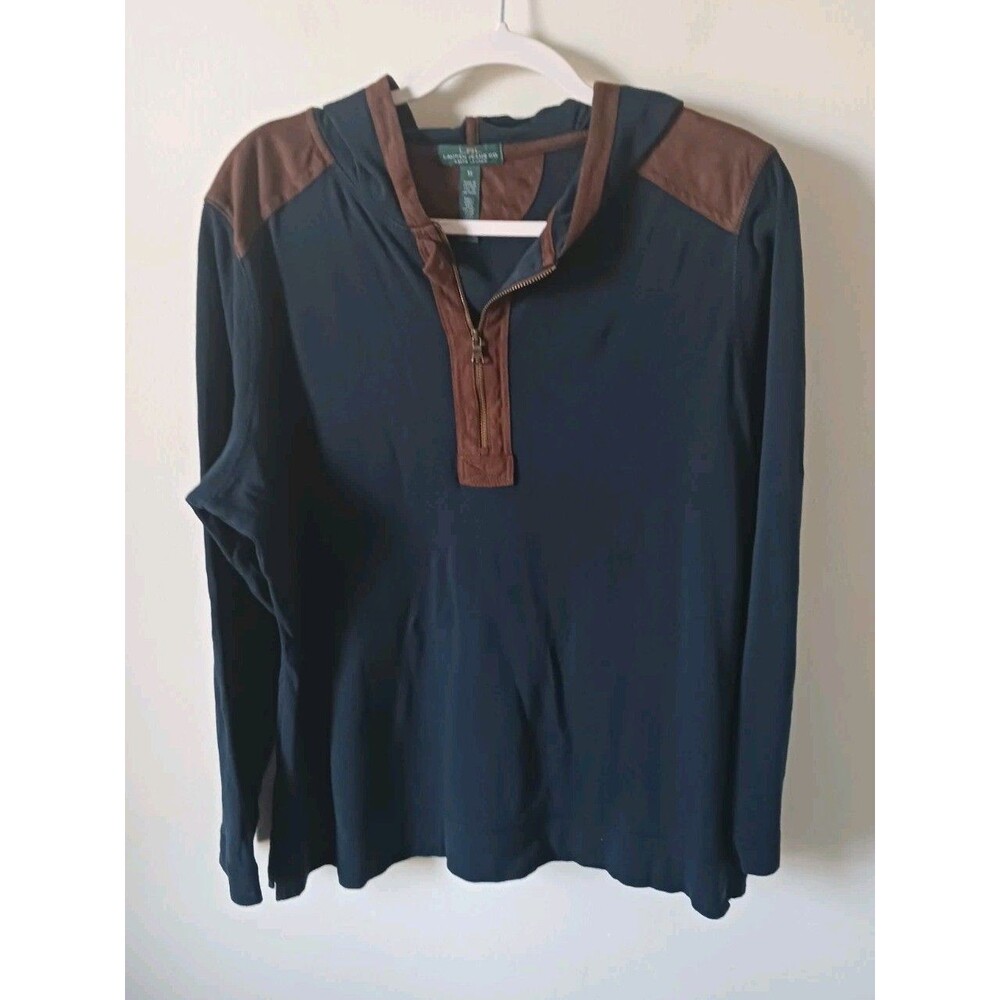Lauren Ralph Lauren Hoodie Women 1X Navy Brown 1/4 Zip Faux Suede Sweatshirt